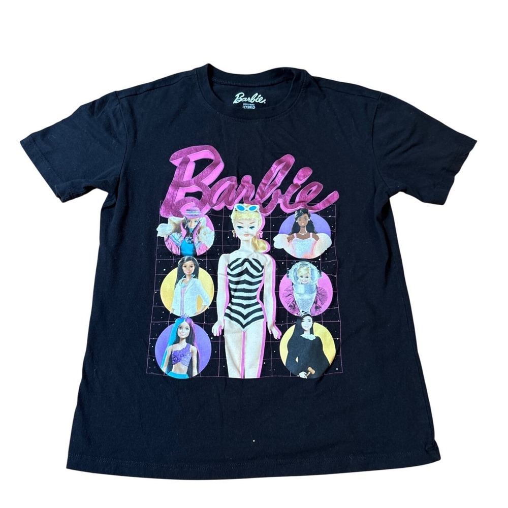 Barbie Graphic T-Shirt Kids Black Pink Glitter Evolution Retro SIZE XS